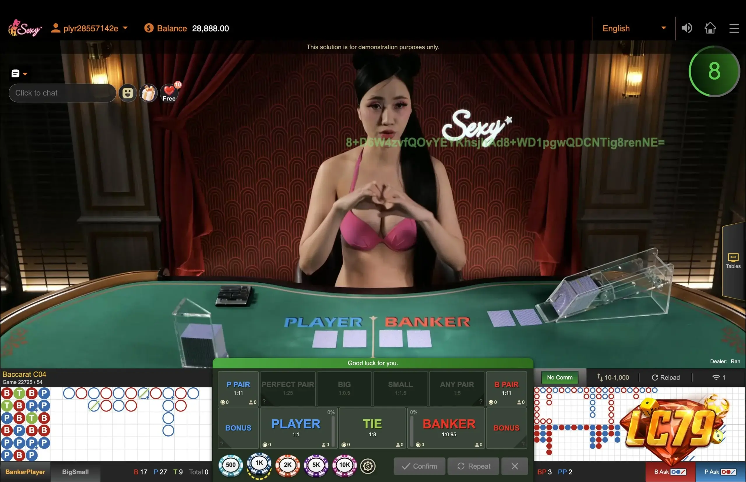 Bàn cược Baccarat Player Banker Tie tại LC79