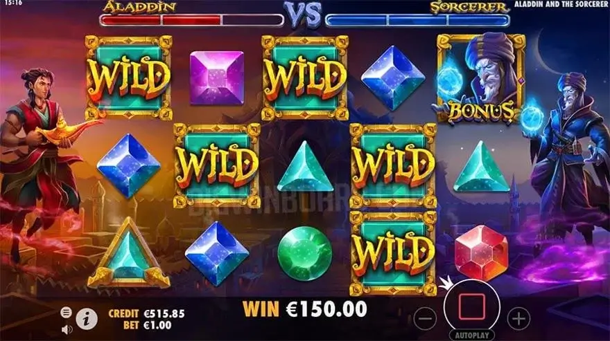 Ảnh bảng biểu tượng & tính năng game Aladdin and the Sorcerer (slot PP) chơi tại LC79