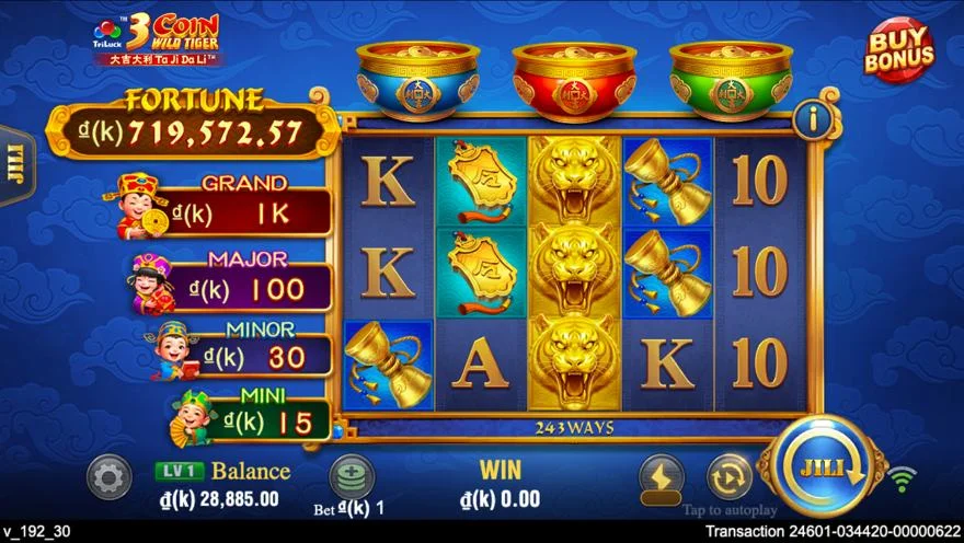 Ảnh bảng biểu tượng & tính năng game 3 Coin Wild Tiger (slot JILI) chơi tại LC79